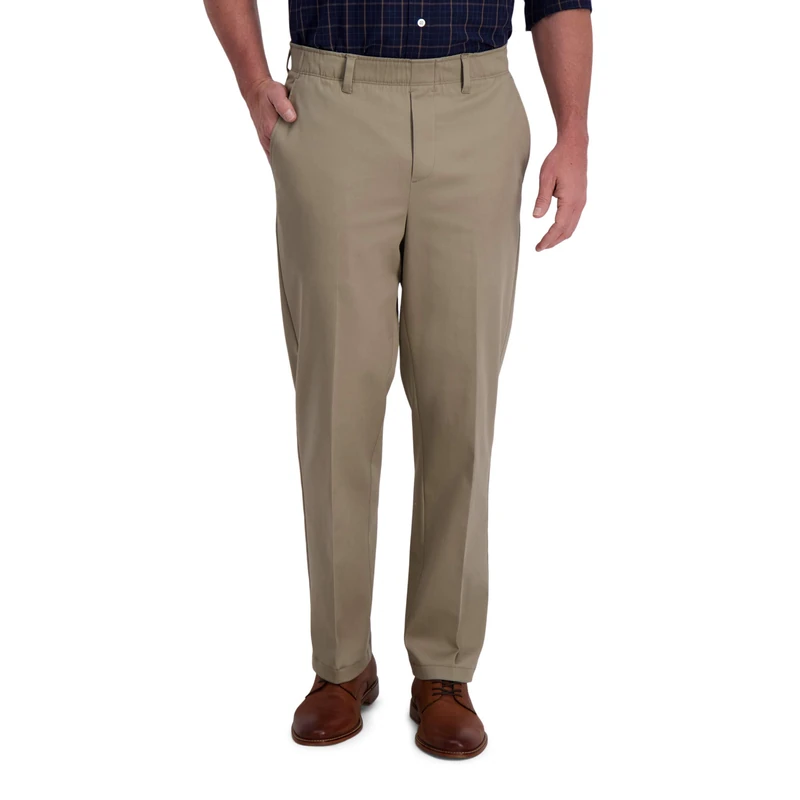 Haggar Men's Iron Free Classic Expandable Waistband Casual Pant, Medium Khaki, 44W x 32L