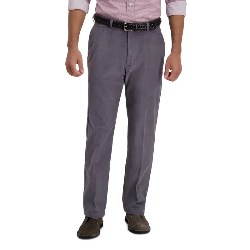 Haggar Men's Corduroy Classic Fit Flat Front Expandable Waistband Pant, Charcoal, 36W x 31L