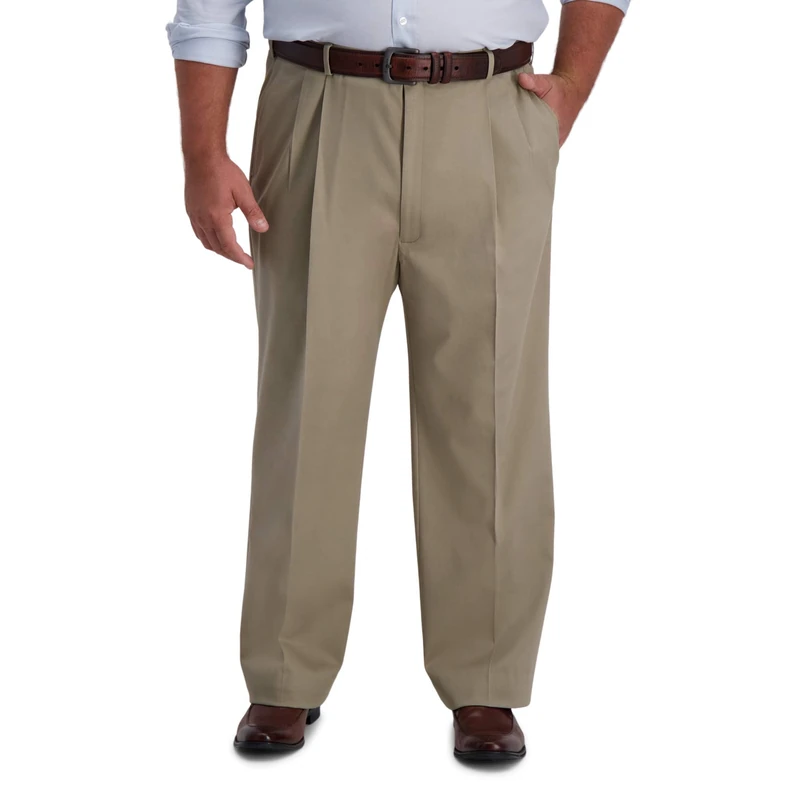 Haggar Men's Iron Free Premium Classic Fit Pleat Front Expandable Waist Casual Pant (Regular and Big & Tall Sizes), Medium Khaki, 36W x 34L