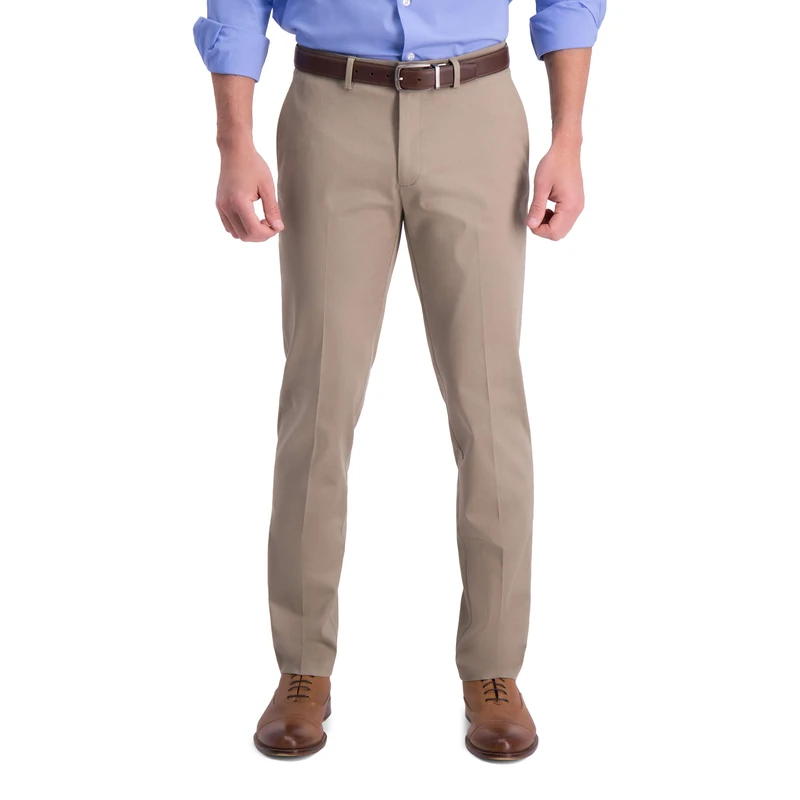 Haggar Men's Iron Free Premium Slim-Straight Fit Flat Front Flex Waist Casual Pant, Medium Khaki, 33W x 30L
