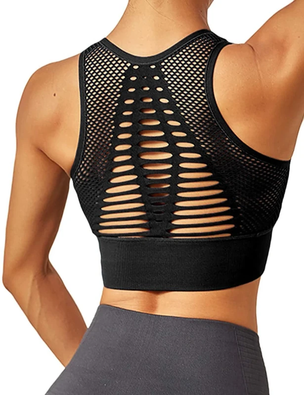 RIOJOY Women's High Impact Sports Support Bra Seamless Hollow Out Padded Yoga Crop Top, 10P-12P(L), Black