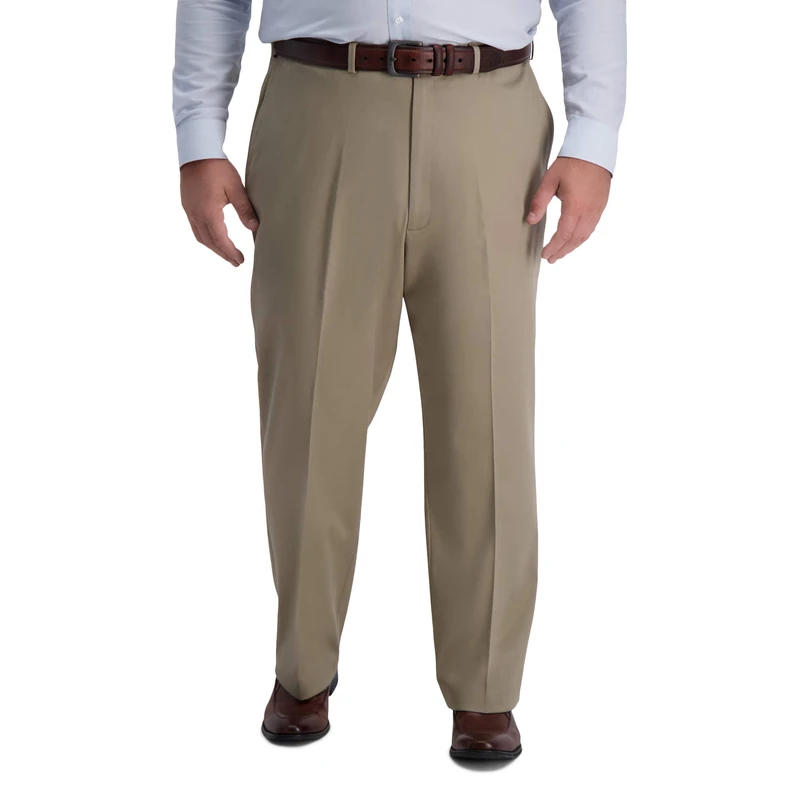 Haggar Men's Iron Free Classic Fit Flat Expandable Casual Pant, Medium Khaki, 46W x 30L