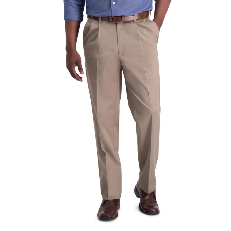 Haggar Men's Iron Free Premium Classic Fit Pleat Front Expandable Waist Casual Pant (Regular and Big & Tall Sizes), Medium Khaki, 38W x 32L