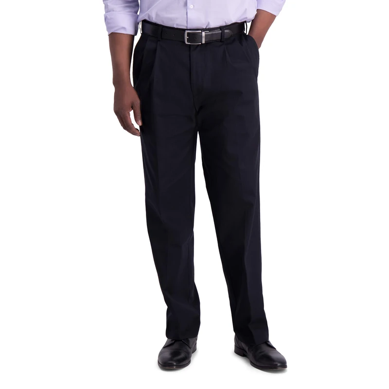 Haggar Men's Iron Free Premium Khaki Classic Fit Pleat Front Expandable Waist Casual Pant (Regular and Big & Tall Sizes), Black, 42W x 32L