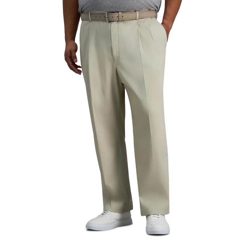 Haggar Men's Iron Free Premium Khaki Classic Fit Pleat Front Expandable Waist Casual Pant (Regular and Big & Tall Sizes), Sand, 38W x 29L