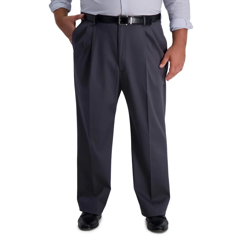 Haggar Men's Iron Free Premium Khaki Classic Fit Pleat Front Expandable Waist Casual Pant (Regular and Big & Tall Sizes), Dark Grey, 34W x 30L