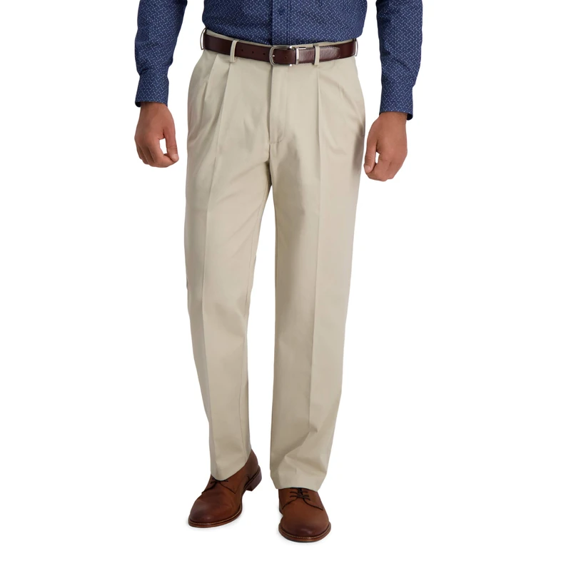 Haggar Men's Iron Free Premium Khaki Classic Fit Pleat Front Expandable Waist Casual Pant (Regular and Big & Tall Sizes), Sand, 42W x 32L