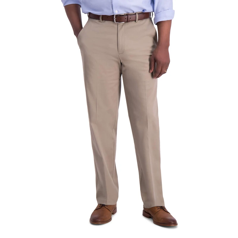 Haggar Men's Iron Free Classic Expandable Waistband Casual Pant, Medium Khaki, 34W x 32L