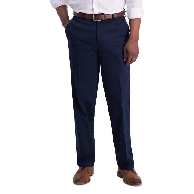 Haggar Men's Iron Free Khaki Classic Expandable Waistband Casual Pant, Dark Navy, 44W x 30L