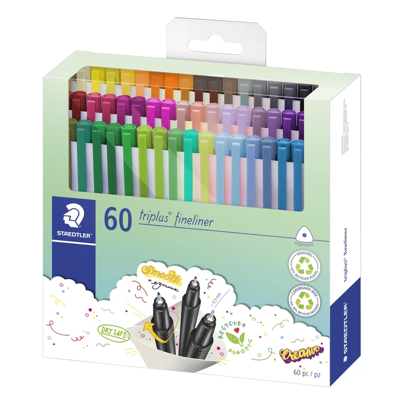 STAEDTLER 334 C60 Triplus Fineliner Superfine Pen, 0.3mm Line Width - Assorted Colours (Pack of 60)