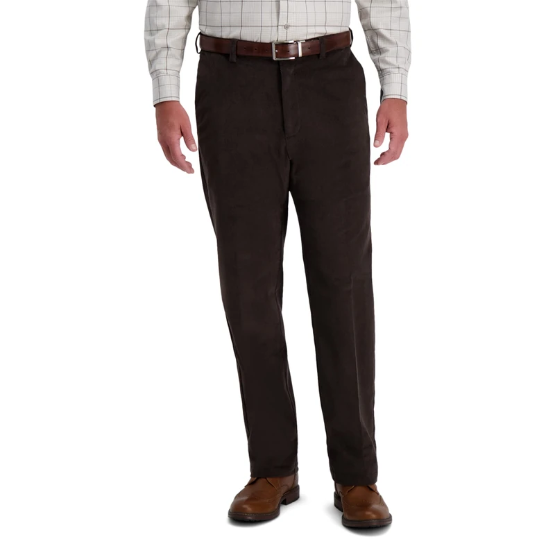 Haggar Men's Corduroy Expandable Waist Straight Fit Flat Front Pant, Espresso-Classic, 42W x 30L