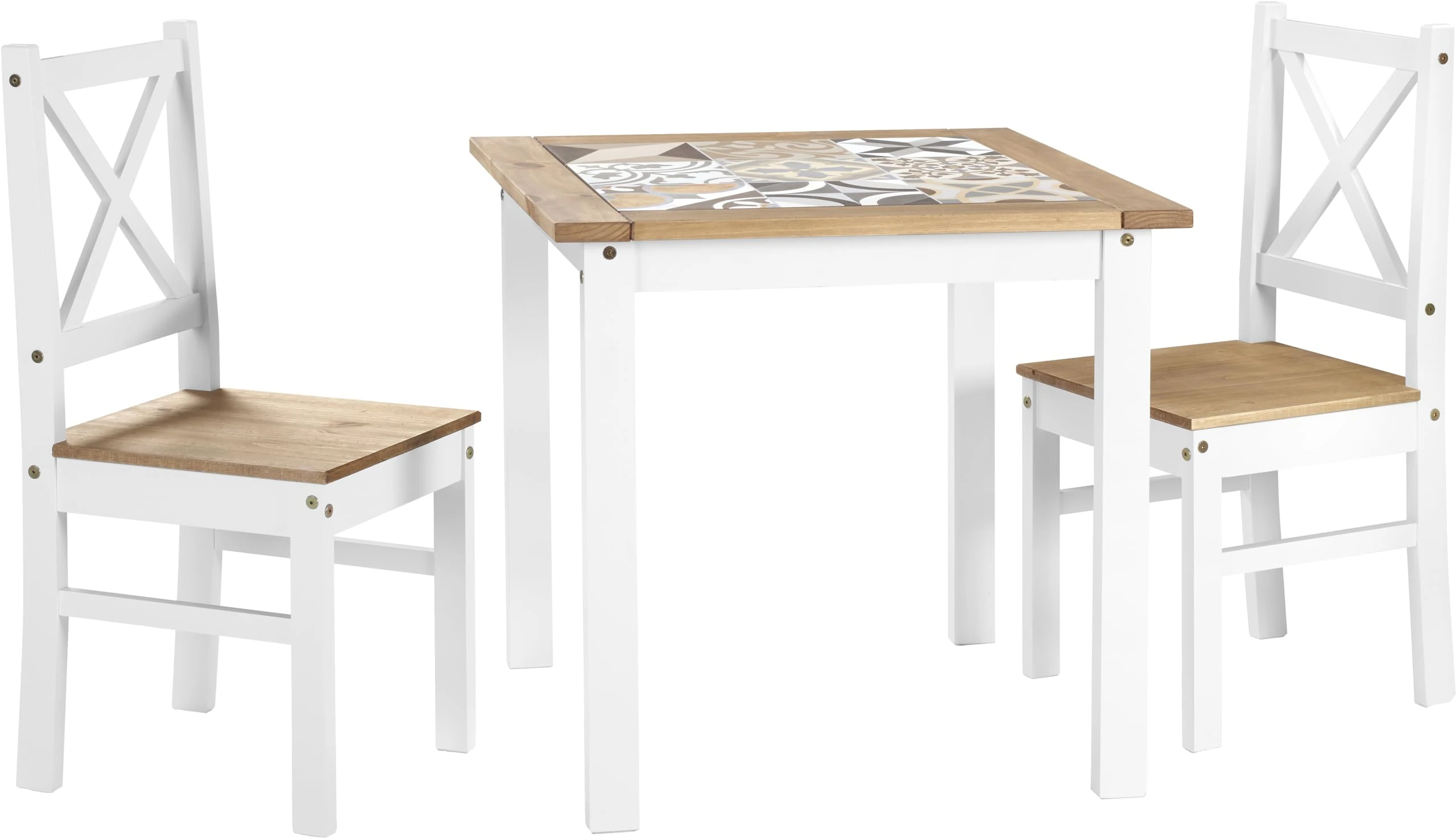 Seconique Salvador Tile Top Dining Set with 2 Dining Chairs in White/Distressed Waxed Pine