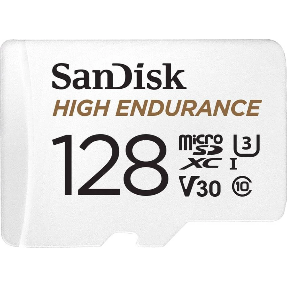SanDisk 128GB High Endurance microSDXC card for IP cams & dash cams + SD adapter up to 10,000 Hours Full HD / 4K videos up to 100 MB/s UHS-I Class 10 U3 V30