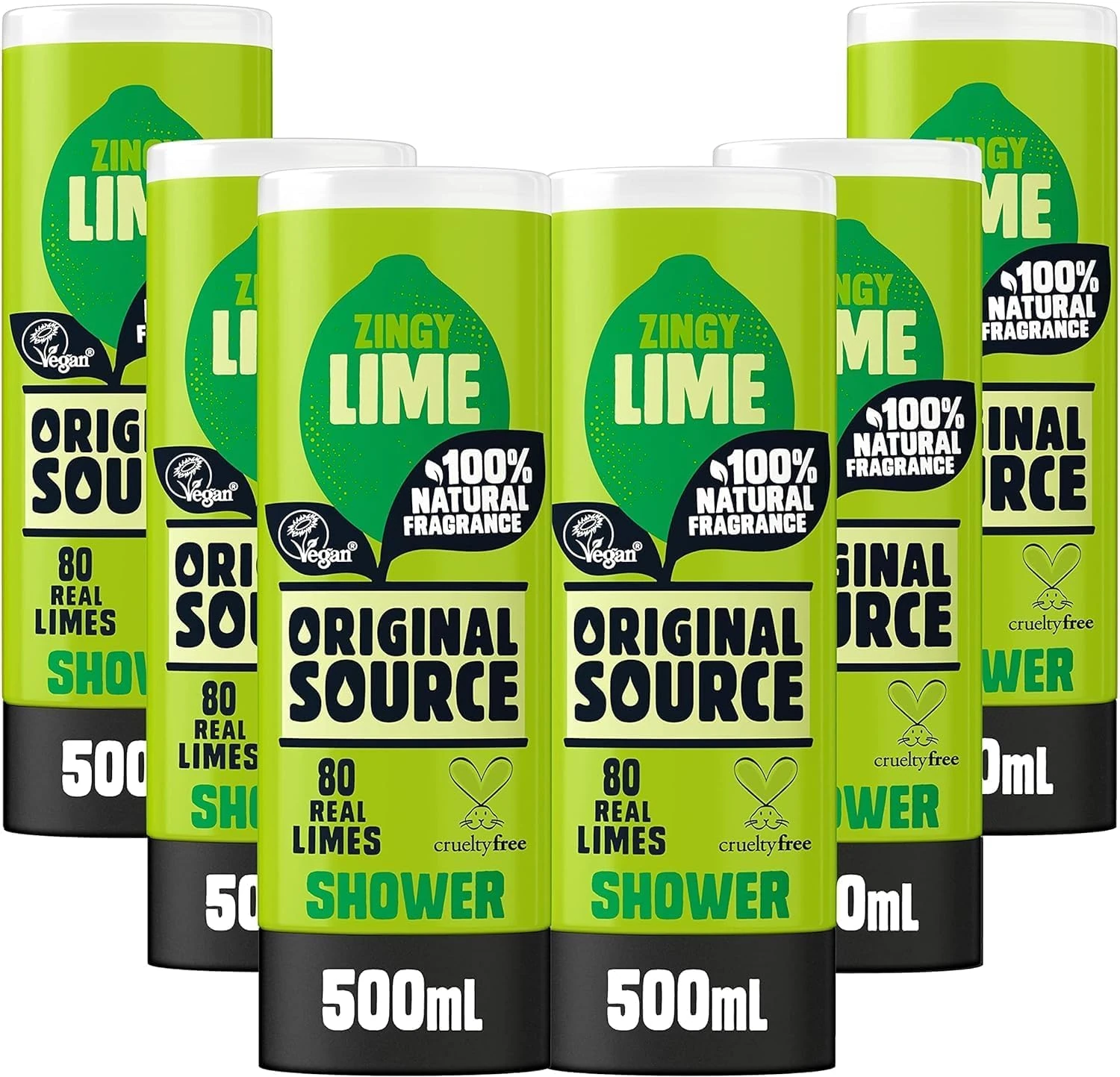 Original Source Lime Shower Gel, 100 Percent Natural Fragrance, Vegan, Cruelty Free, Paraben Free, Bulk Buy, Pack of 6 x 500 ml