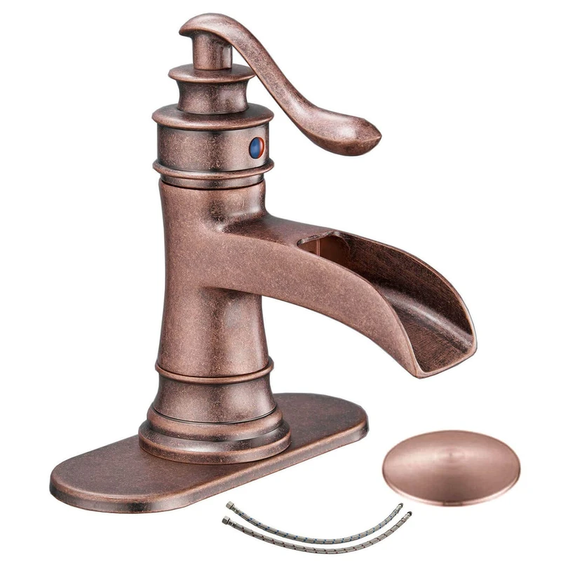 Homevacious Bathroom Faucet Copper Waterfall Bathroom Sink Faucets with Single Handle Rustic Vanity Farmhouse RV Faucet Suitable for 1 or 3 Holes with Pop-up Drain Deck Plate Hose