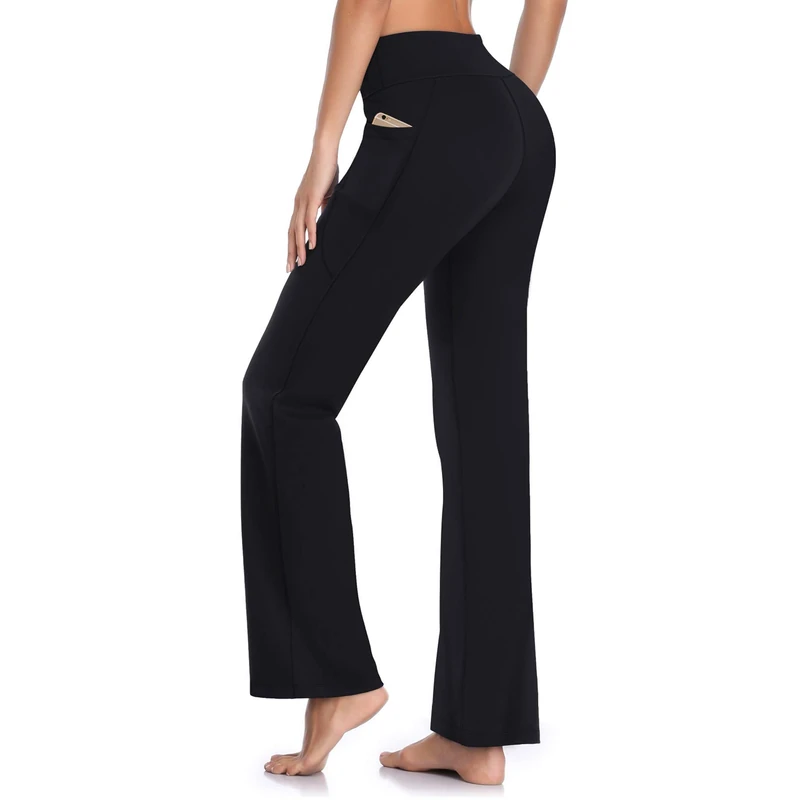 HISKYWIN Inner Pocket Yoga Pants 4 Way Stretch Tummy Control Workout Running Pants, Long Bootleg Flare Pants HF201-Black-S