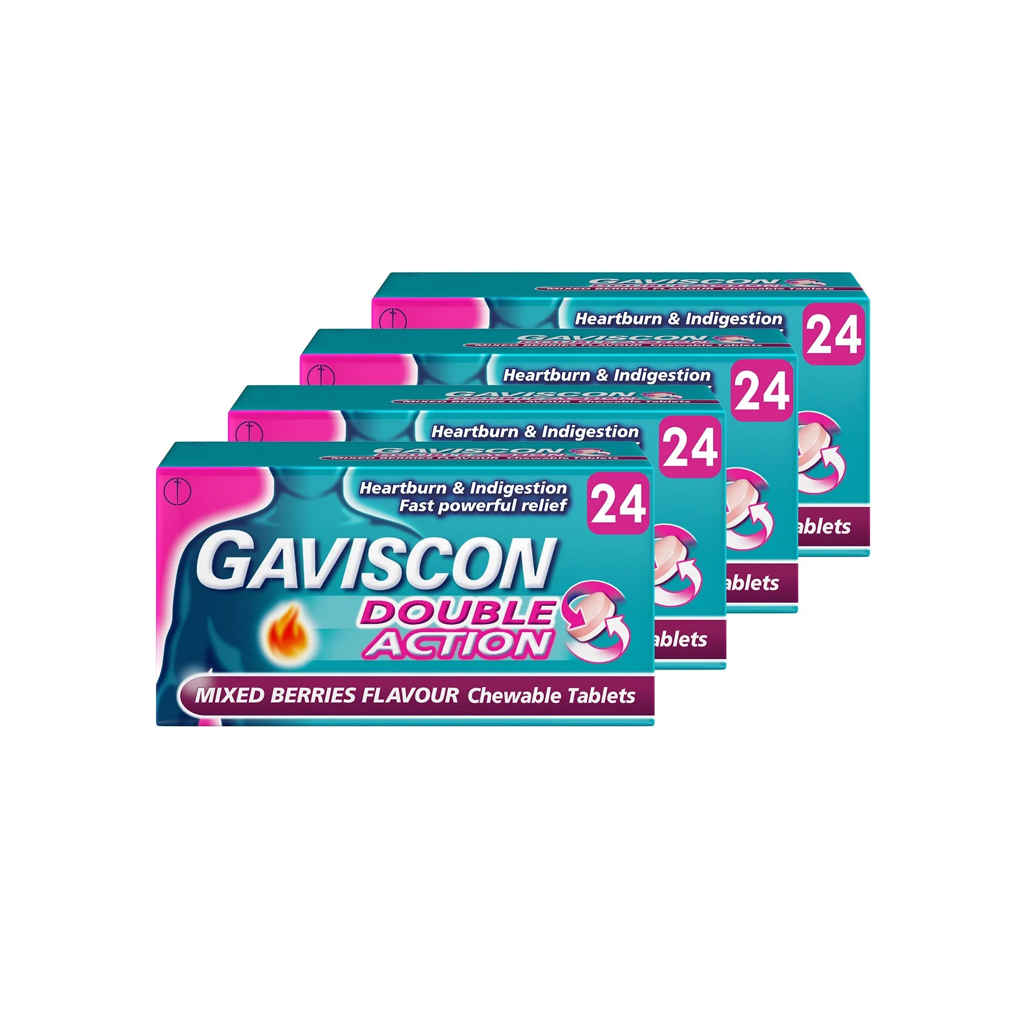 Gaviscon Double Action Heartburn Relief, Mixed Berries, 4-Pack (96 Total) - Fast Soothing For Acid Reflux And Digestive Comfort