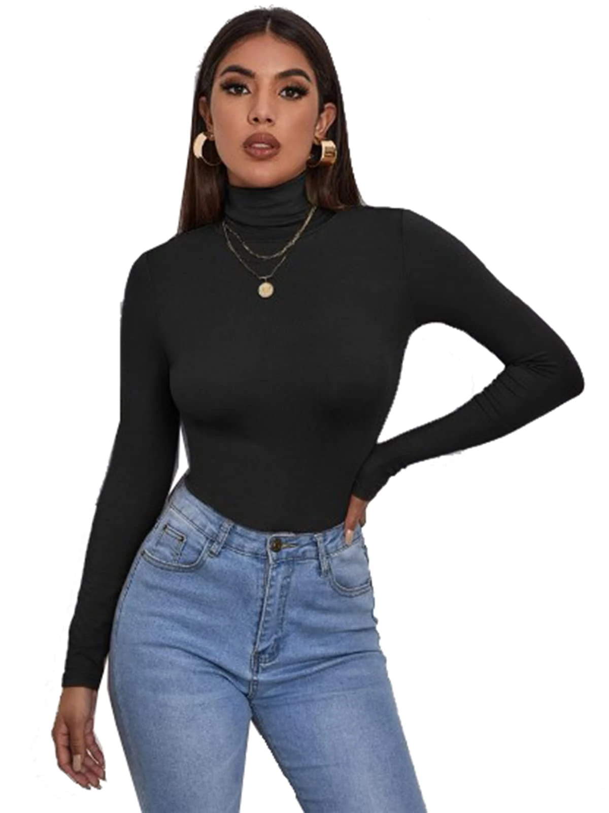 Zaif & Hari® Women's Polo Roll Neck Long Sleeve Turtle Neck Jumper - Ladies Plain Mockneck Casual Top (Black, 12-14)