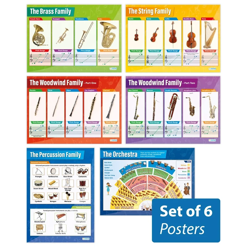 Instruments of the Orchestra Posters - Set of 6 | Music Posters | Laminated Gloss Paper measuring 850mm x 594mm (A1) | Music Charts for the Classroom | Education Charts by Daydream Education