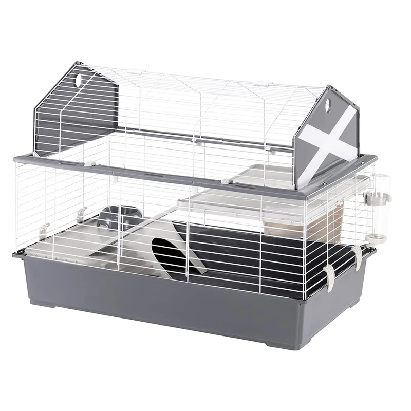 Ferplast Large Rabbit cage BARN 100 Small pet home, American Barn Setting, Fully opening roof, Accessories and decorative stickers included, 96 x 57 x h 73 cm Grey