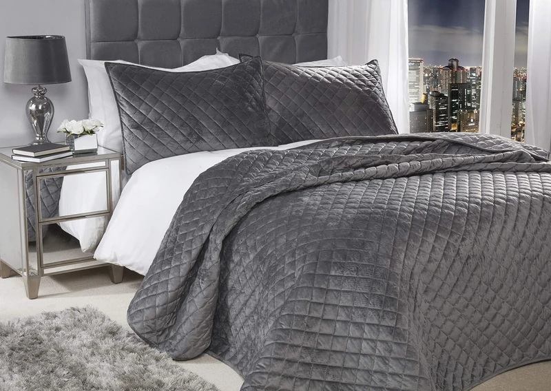 Emma Barclay Regent Quilted Soft Touch Velvet Bedspread Set in Silver - Double Bed