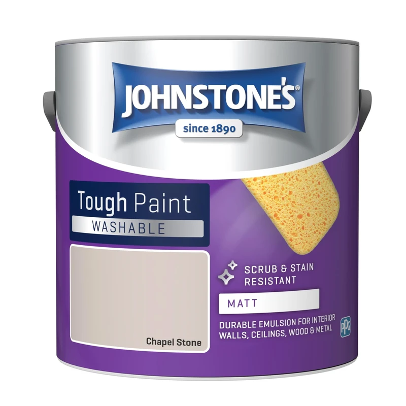 Johnstone's - Washable Paint - Chapel Stone - Matt Finish - Emulsion Paint - Highly Durable - Stain Resistant - Non Toxic & Low Odour - 12m2 Coverage per Litre - 2.5L (Packaging may vary)