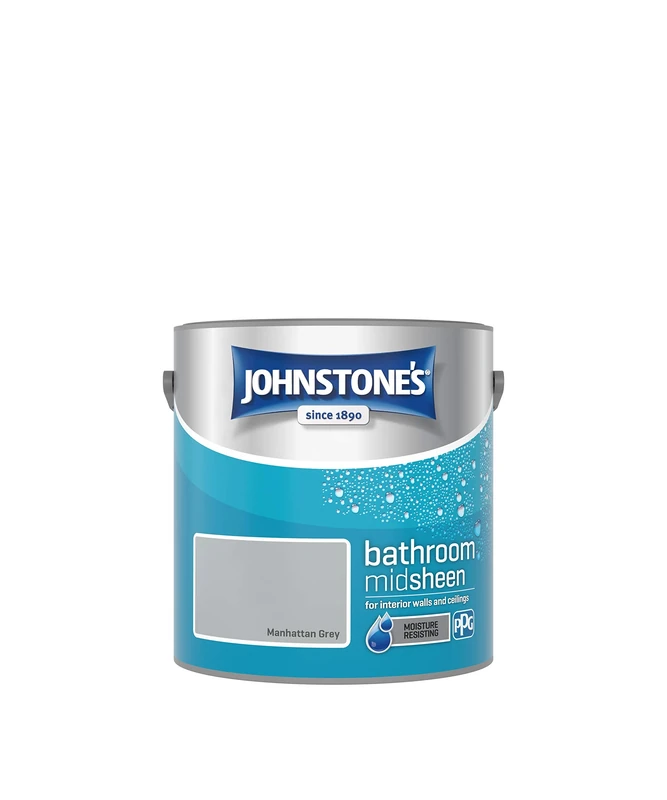 Johnstone's - Bathroom Paint - Manhattan Grey - Mid Sheen Finish - Stain Blocker Paint - Use in Moist & Damp Areas - Low Odour- Dry in 1-2 Hours - 12m2 Coverage per Litre - 2.5L