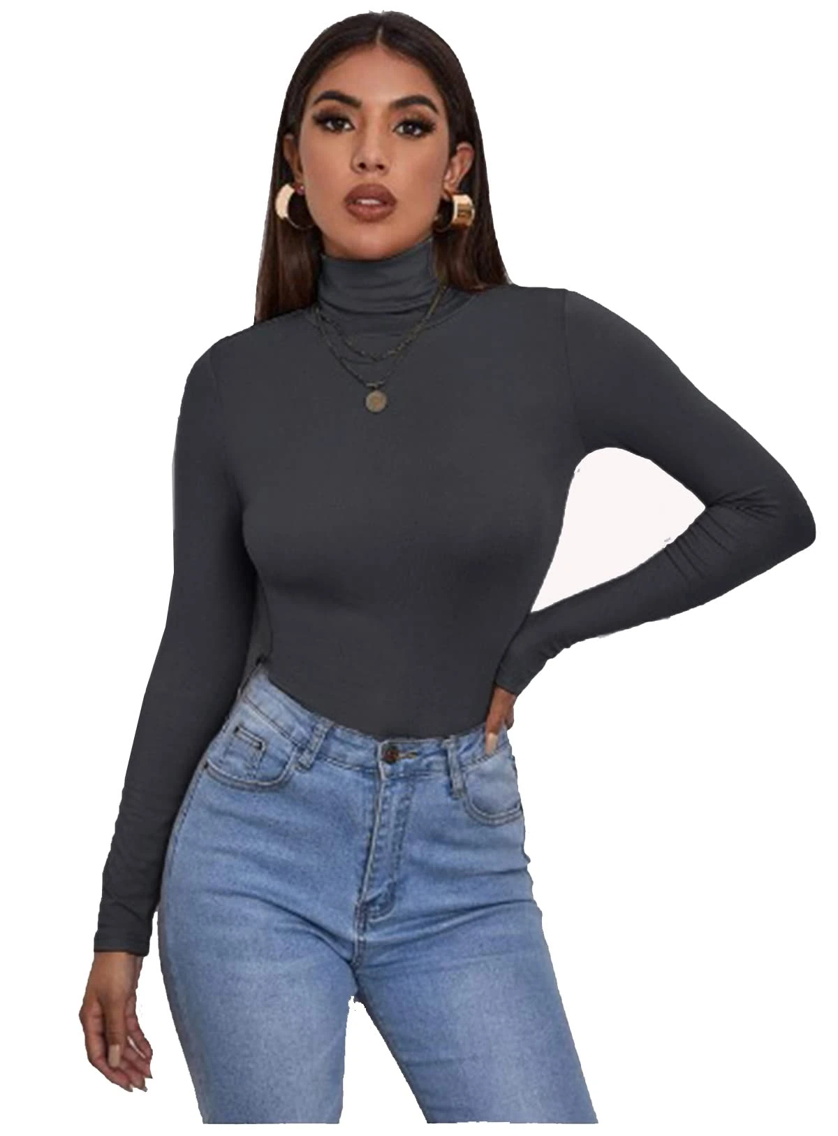 Zaif & Hari® Women's Polo Roll Neck Long Sleeve Turtle Neck Jumper - Ladies Plain Mockneck Casual Top (Charcoal, 12-14)