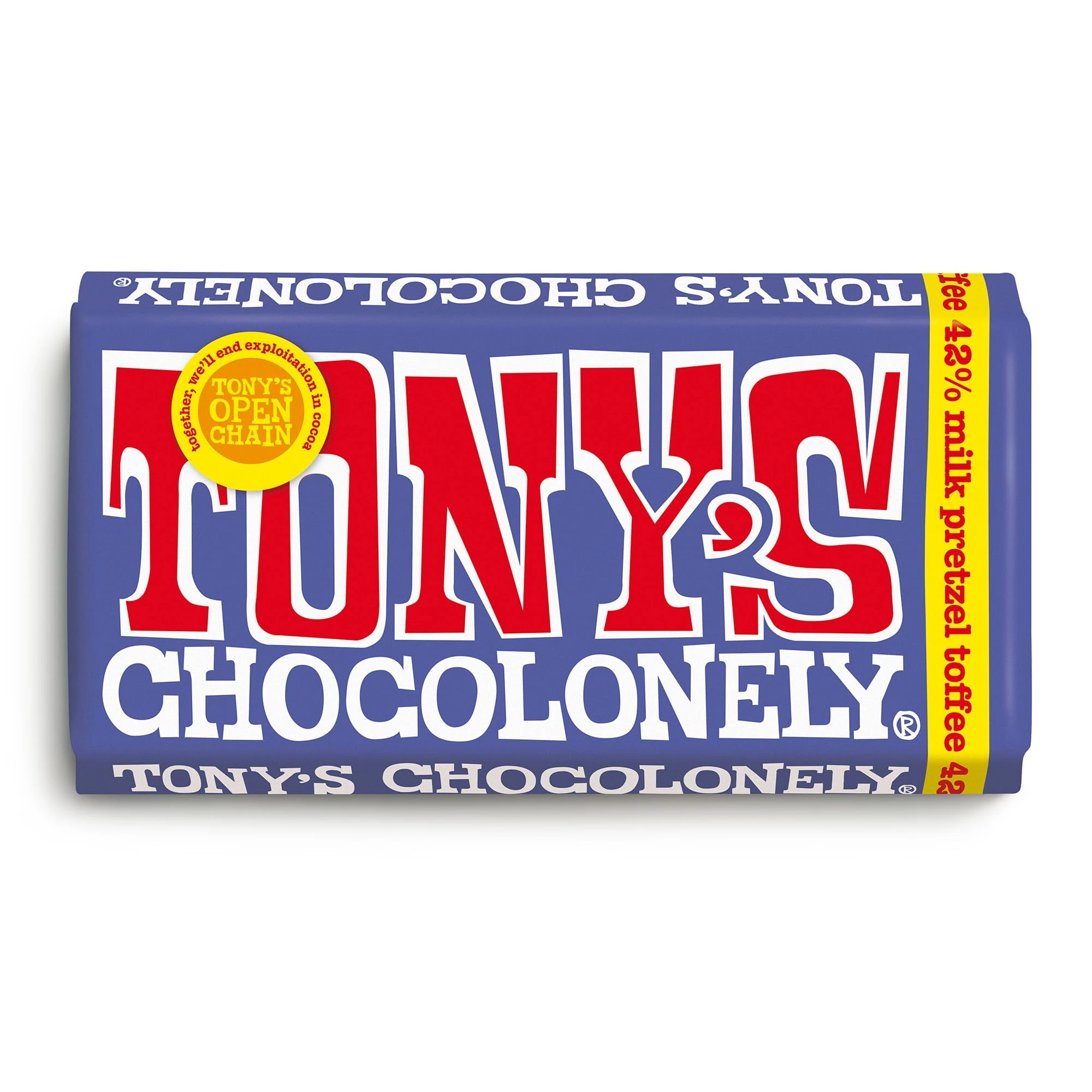 Tony's Chocolonely Dark Milk Pretzel Toffee Chocolate Bar - 180g Belgian Fairtrade Chocolate, Gift, 42% Cocoa, Vegetarian