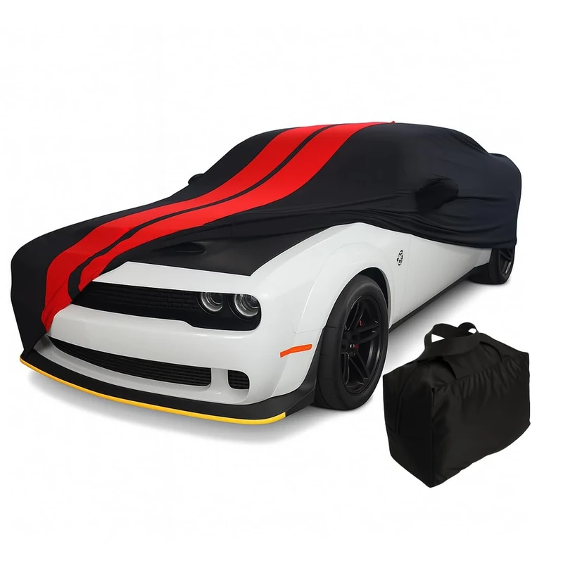 SR1 Performance Ultraguard Stretch Satin Indoor Car Cover Compatible for 2008-2019 Dodge Challenger (Black/Red)