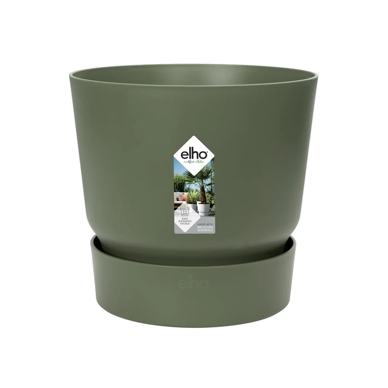 elho Greenville Round 40 - Large Flower Pot with Integrated Water Reservoir - Indoor & Outdoor - 100% Recycled Plastic - Ø 39.0 x H 36.8 cm - Green/Leaf Green