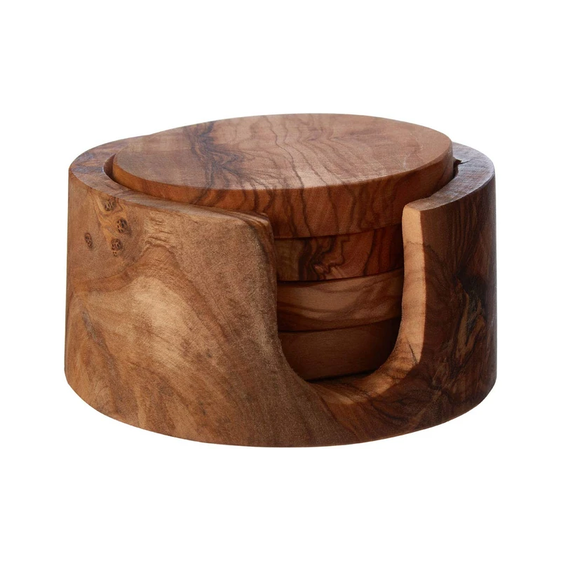 Kora Round Coasters, with Holder, Olive Wood, Set of 4 - Image 1
