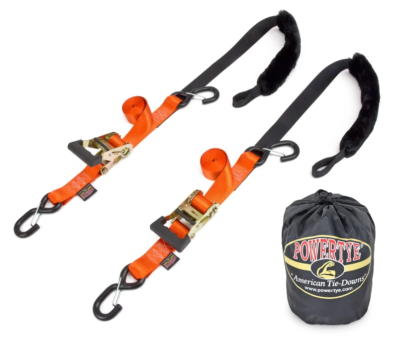 PowerTye 1½" x 6.5ft Made in USA Rubber Handle Ratchet Tie-Down with SHEEPTEX Simulated Sheepskin Soft-Tye, 2 Heavy-Duty Latch Hooks + Free Storage Bag, 1 Pair, Orange