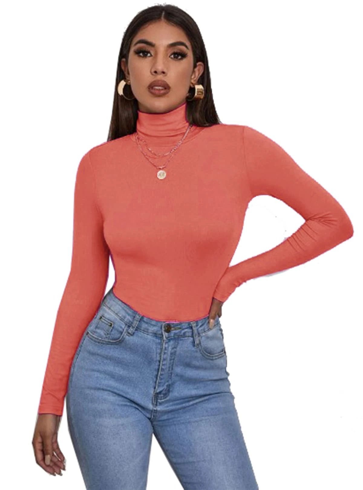 Zaif & Hari® Women's Polo Roll Neck Long Sleeve Turtle Neck Jumper - Ladies Plain Mockneck Casual Top (Coral, 12-14)