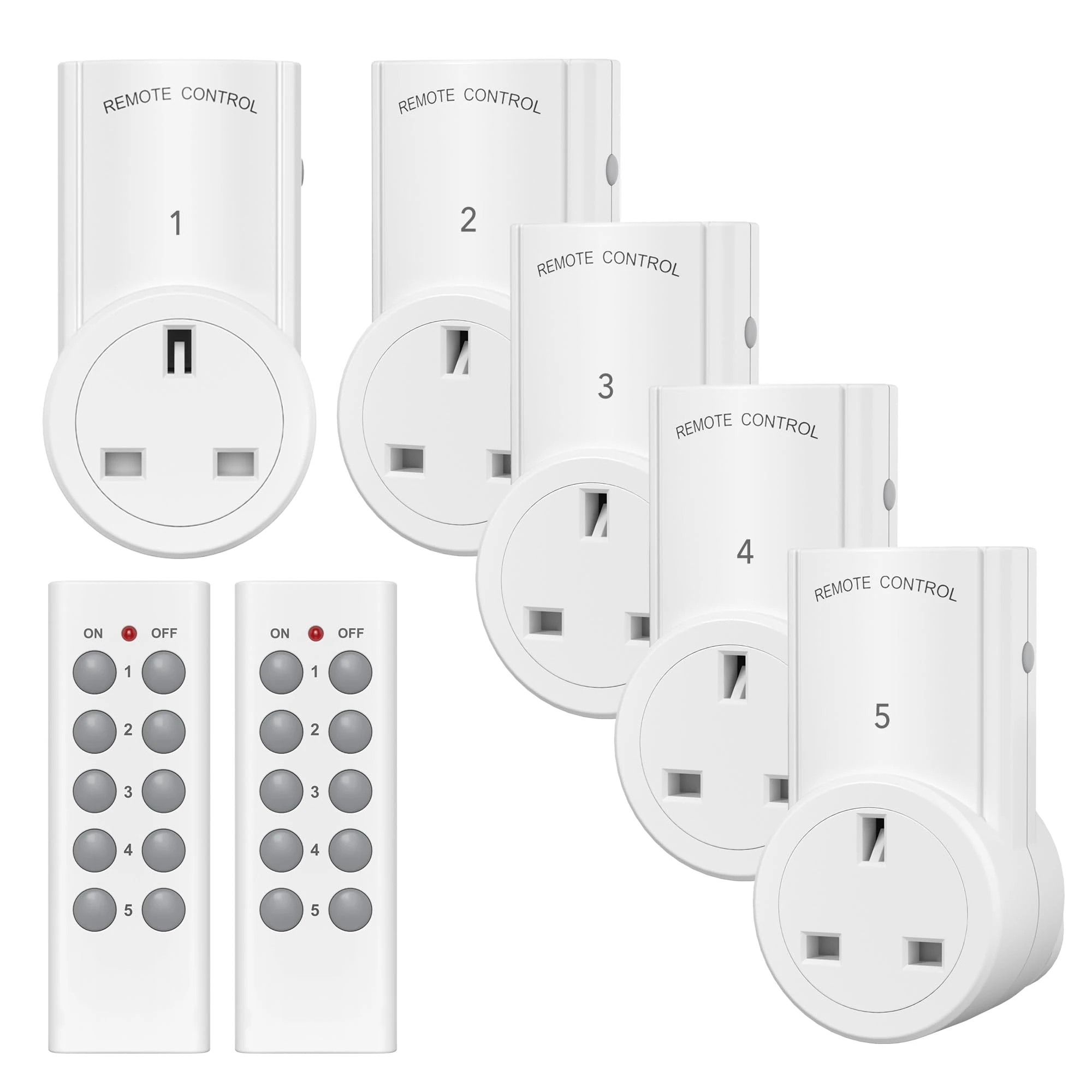 HBN Remote Control Plug Socket,13A/3120W Wireless Light Switch 30M/100ft Operating Range for Household Appliances,5 Pack Sockets and 2 Remotes