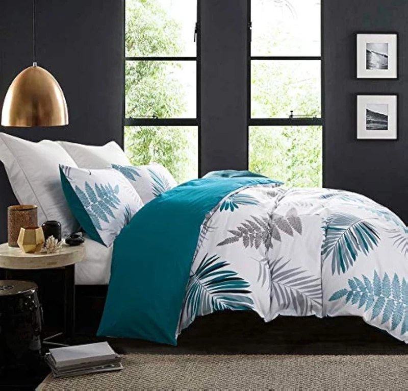SLEEPBELLA Duvet Cover Set, 600 Thread Count Cotton White Leaf Floral Pattern Print Reversible Comforter Cover Set (King, Peacock Blue-Leaf) - Image 1