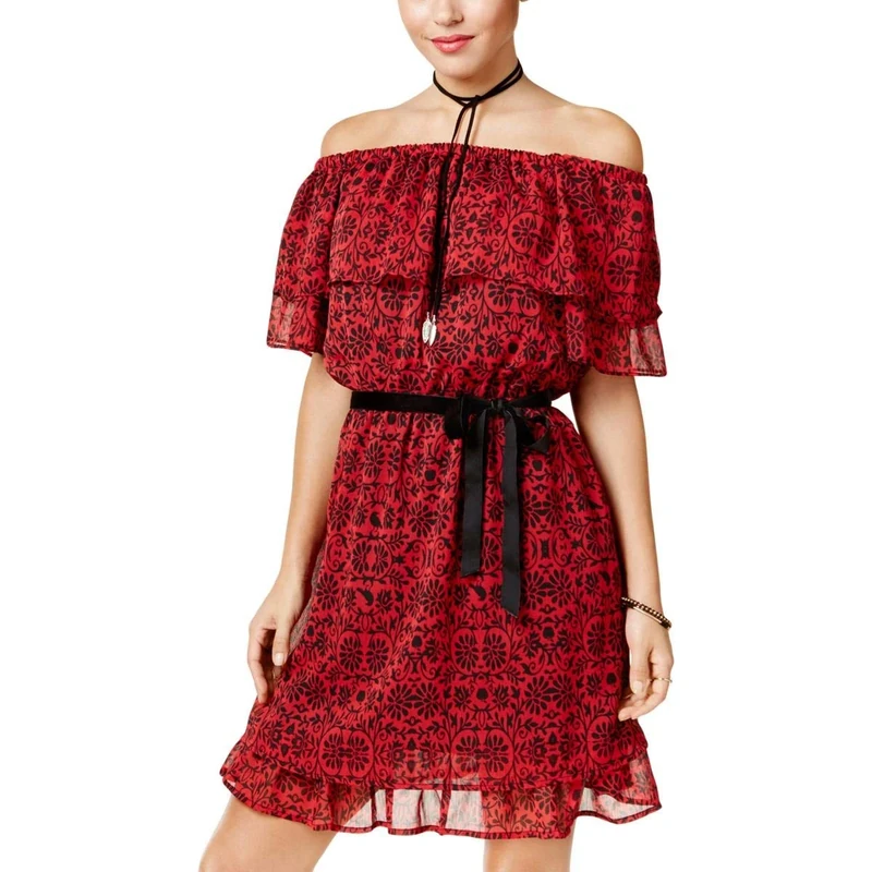 Disney Womens Juniors Snow White Off-The-Shoulder Printed Mini Dress Red S