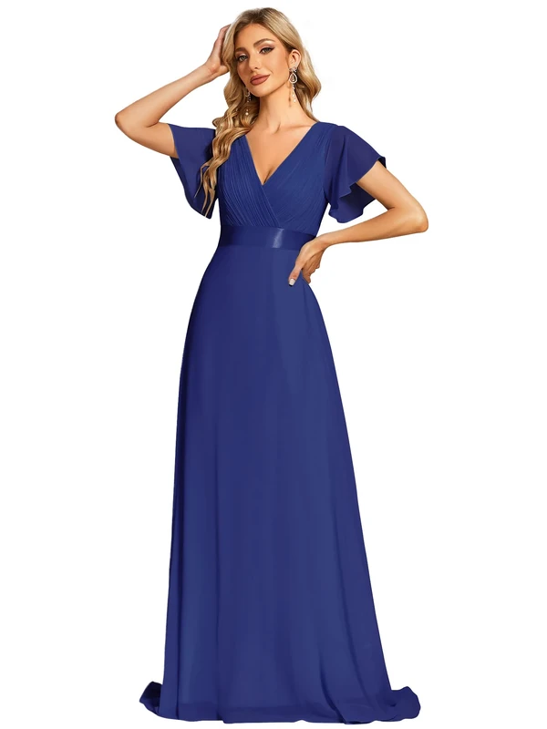 Ever-Pretty Women's Double V-Neck Short Flutter Sleeves Empire Waist Elegant Chiffon Long Evening Dresses Sapphire Blue 28UK