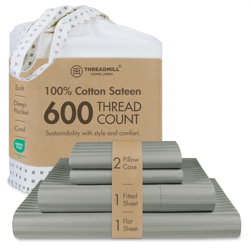 Threadmill Home Linen King-Size Sheets - 100% Natural Cotton 600 Thread Count, 4 Piece Damask Moonrock Grey Sheet Set, Breathable ELS Combed Cotton, Striped Sheets with Elasticized Deep Pocket