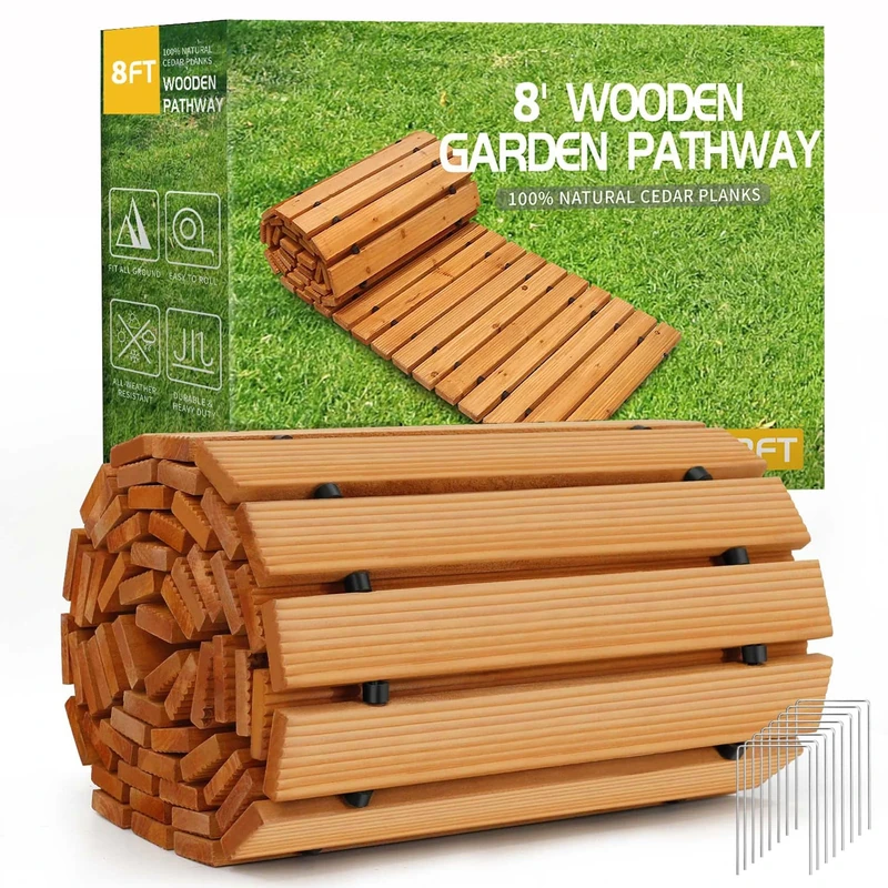 RELIANCER Wooden Garden Pathway,Outdoor Roll Out Cedar Straight Walkway,Patio Path Decorative Garden Boardwalk Walkways,Weather-Resistant Roll Up Beach Wood Road Floor,Wedding Party Pathways (8')