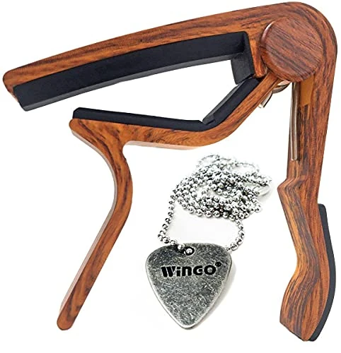 WINGO Guitar Capo for 6 String Steel Acoustic and Electric Guitars - Rosewood Color with Unique Metal Pick Necklace.