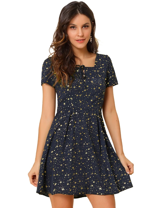 Allegra K Women's Printed Casual Square Neck Short Sleeve Fit and Flare Dress Blue-Stars 4