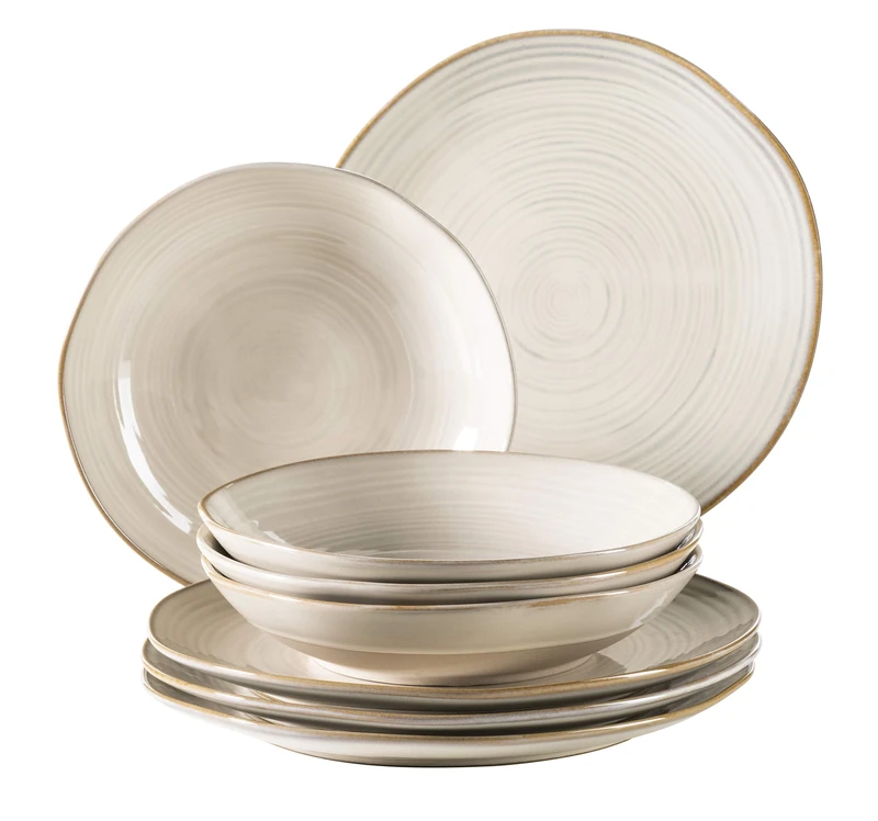 MÄSER 931371 Series Nottingham Vintage Plate Set for 4 People, 8-Piece Dinner Service with Dinner Plate and Soup Plate in Irregular Round Retro Look, Stoneware, Beige