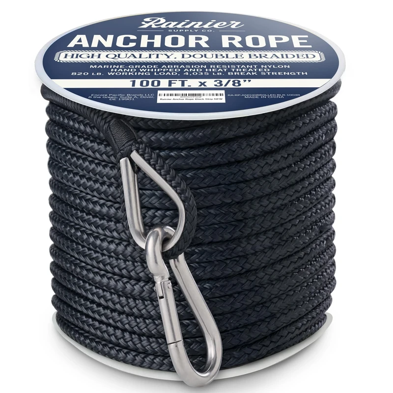 Rainier Supply Co. Boat Anchor Line - 100 ft x 3/8 inch Anchor Rope - Double Braided Nylon Anchor Boat Rope with 316SS Thimble and Heavy Duty Marine Grade Snap Hook - Black