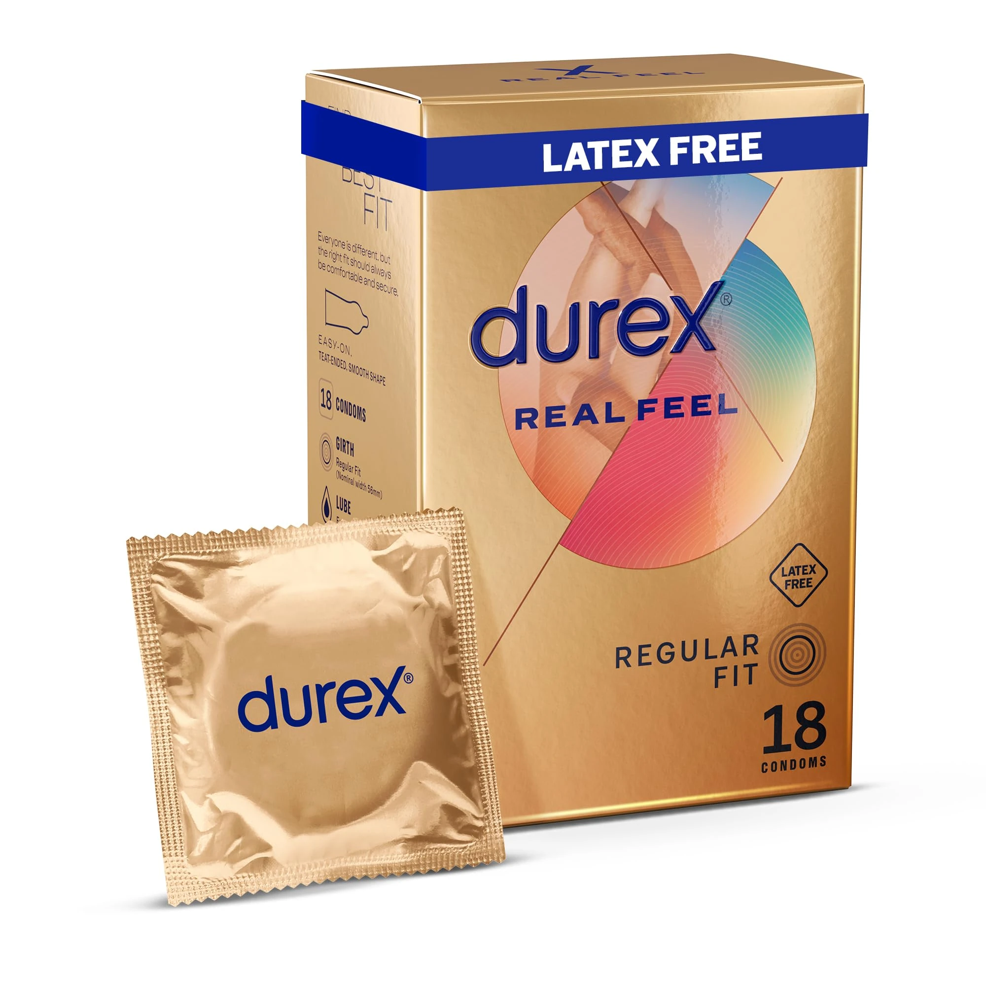 Durex Real Feel, 18 Condoms, Regular Fit, Latex Free, Extra Silicone Lube