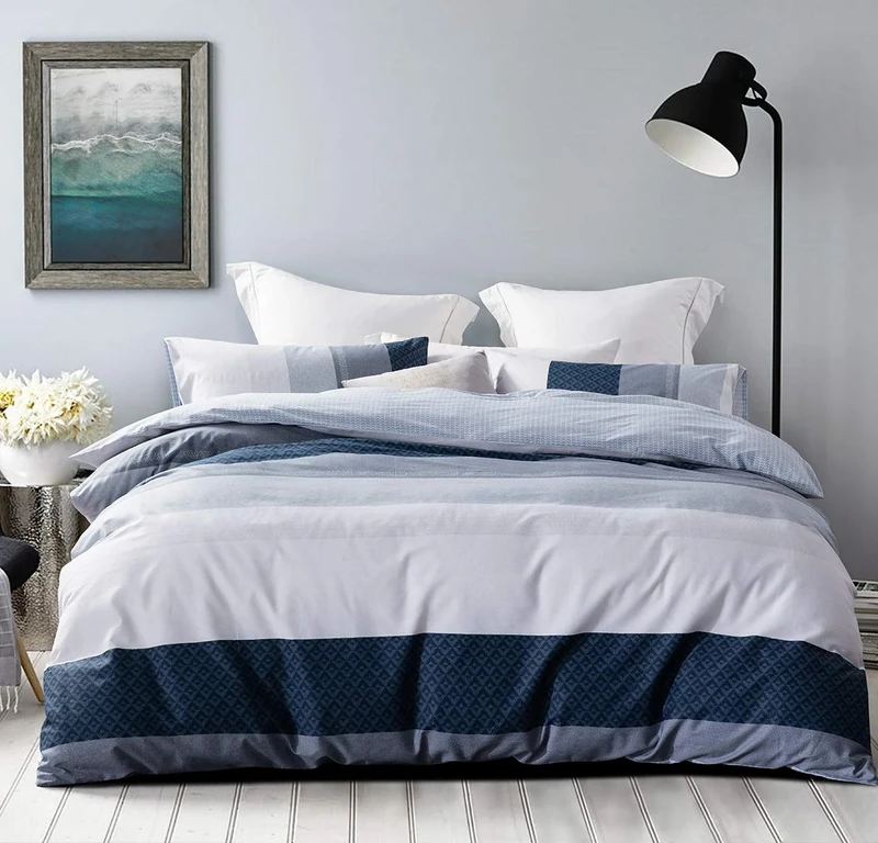 SLEEPBELLA Duvet Cover Set, 600 Thread Count Cotton White and Navy Striped Patchwork Comforter Cover Set Reversible Quilt Cover (King, Greekn-Lump)