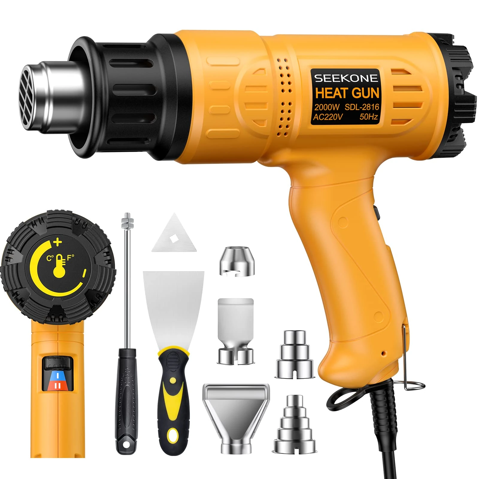 SEEKONE 2000W Professional Hot Air Gun 50℃- 600℃ Variable Temperature Control with 2-Temp Settings, Overload Protection, Double Heating Wire Fast Heating, 7 Accessories for Shrinking PVC