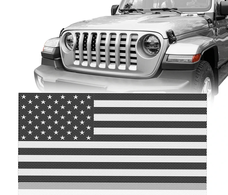 Hooke Road Front Grill Grille Insert US Flag for Jeep Wrangler JL & Jeep Gladiator 2018 2019 2020 2021 2022 2023 2024 (Black & White)