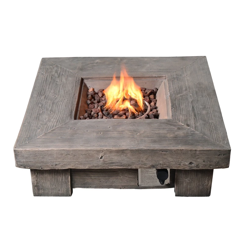 Peaktop - Outdoor Retro Wood Look Square Propane Gas Fire Pit with PVC Cover, 6kg Lava Rock & Touch Up Paint & Brush (regulator included) Dimensions:(W) 89cm x(L) 89cm x(H) 29cm