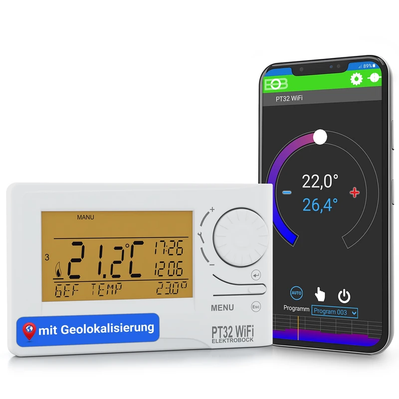ELEKTROBOCK PT32 WiFi - Digital Room Thermostat with Geolocation - Intelligent Programmable Wall Thermostat with App or Manual - 9 Weekly Programmes